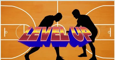 Image of multi coloured words level up over silhouetted male basketball players Ilustración de archivo