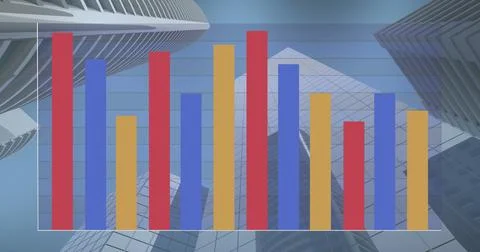 Image of multicolored bar graph over low angle view of modern buildings against Ilustración de archivo