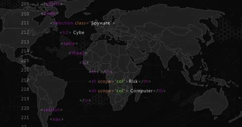 Image of multicolored computer language and map over black background Stock Photos