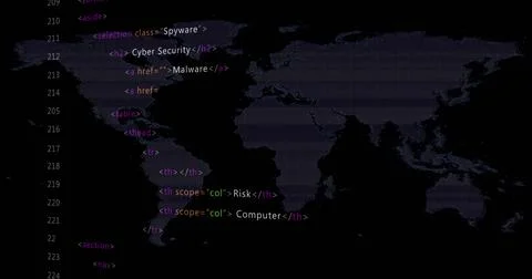 Image of multicolored computer language and map over black background Stock Photos