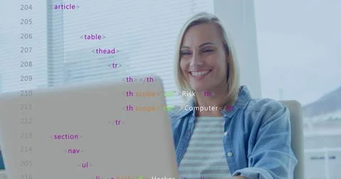 Image of multicolored computer language, caucasian woman closing laptop lid Stock Illustration