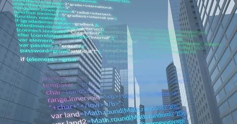 Image of multicolored computer language over low angle view of modern buildings イラスト素材