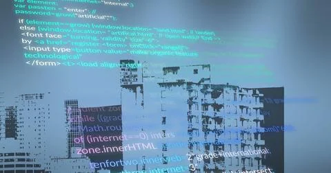 Image of multicolored computer language over modern buildings in background Stockillustratie