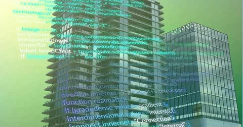 Image of multicolored computer language over modern buildings against gradient Stock Illustration