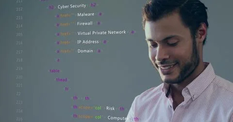 Image of multicolored computer language over smiling biracial man working on Stock Illustration