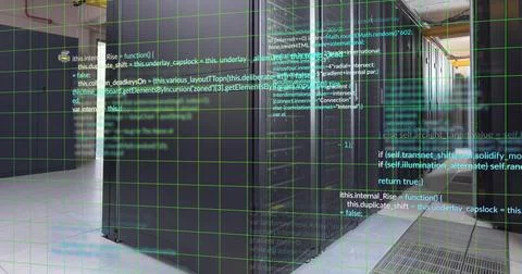 Image of multicolored computer language over data server room Foto stock