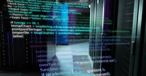 Image of multicolored computer language over data server room Stock Photos
