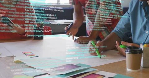 Image of multicolored computer language over diverse coworkers discussing Stock Photos