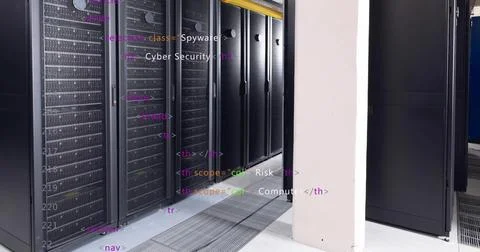 Image of multicolored computer language over data server racks in server room Foto stock