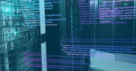 Image of multicolored computer language over illuminated data server systems Stock Photos