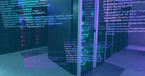 Image of multicolored computer language over data server systems in server room Stock Photos