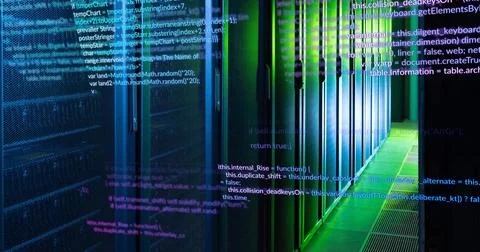 Image of multicolored computer programming language over data server room 写真素材