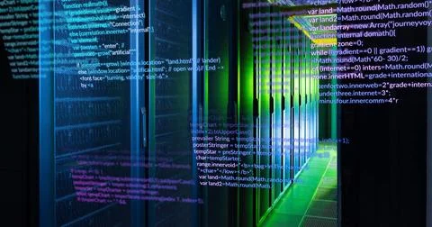 Image of multicolored computer programming language over data server room Stock Photos