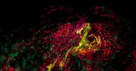 Image of multicolored dots forming abstract pattern against black background 写真素材