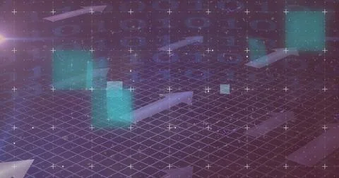 Image of multicolored glitch technique, square, arrows and circle over binary Stock Photos