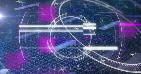 Image of multicolored glitch technique with squares, arrows, circle over binary Stock Photos