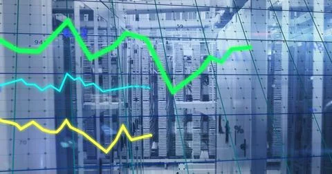 Image of multicolored graphs, computer language over data server systems Stock Photos