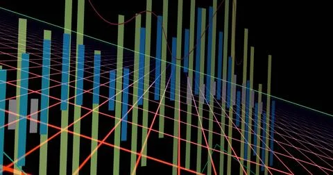Image of multicolored graphs over grid pattern against black background Illustrazione stock