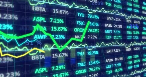 Image of multicolored graphs over trading board against abstract background Stock Illustration