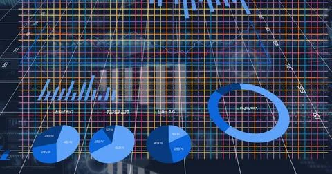 Image of multicolored grid patterns, infographic interface, circle against Stock Photos