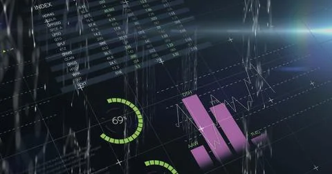 Image of multicolored infographic interface moving against black background Illustrazione stock