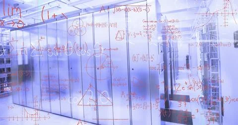 Image of multicolored mathematical equation and diagrams over server room Stock Illustration