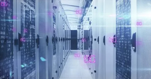 Image of multiple 6g text against mosaic squares over computer server room Stock Photos