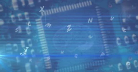 Image of multiple alphabets floating over close up of a computer server Stock Photos