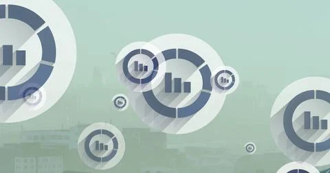Image of multiple bar graph icons floating against aerial view of cityscape Stock Photos