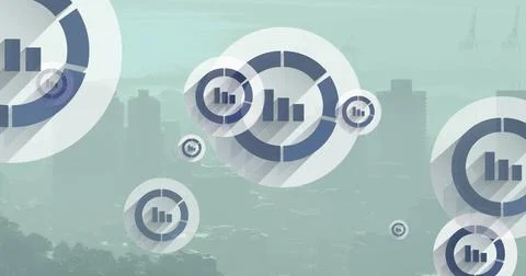 Image of multiple bar graph icons floating against aerial view of cityscape Stock Photos