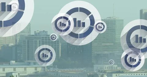 Image of multiple bar graph icons floating against aerial view of cityscape Stock Photos