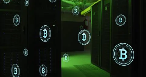 Image of multiple bitcoin symbols floating against computer server room Stock-Fotos