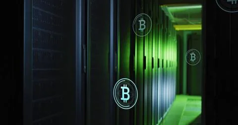 Image of multiple bitcoin symbols floating against computer server room Stock-Fotos
