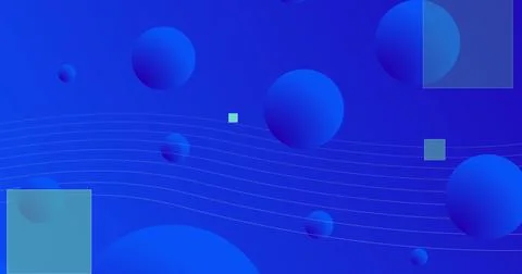 Image of multiple blue circles with squares and lines pattern on blue background Stock Photos