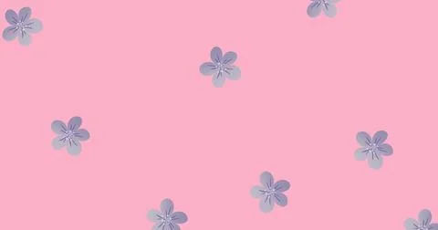 Image of multiple blue flowers moving over pink background Illustrazione stock