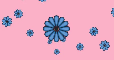 Image of multiple blue flowers moving over pink background Ilustração Stock