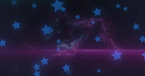 Image of multiple blue stars moving on night sky with clouds in the background Stock Illustration