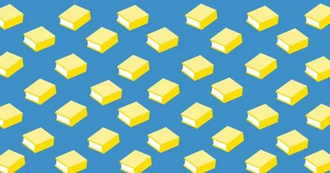 Image of multiple book icon moving in seamless pattern on blue background with Foto stock