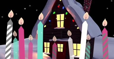 Image of multiple burning candles icons over house on winter landscape against Stock Photos