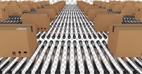 Image of multiple cardboard boxes moving on conveyor belts Stock Illustration