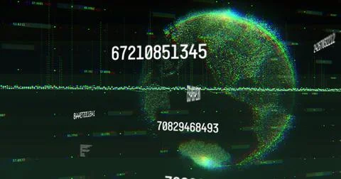 Image of multiple changing numbers and data processing over spinning globe on Stock Illustration