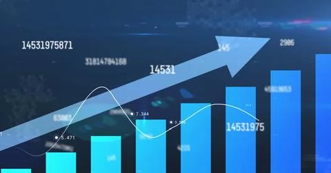 Image of multiple changing numbers and statistical data processing against blue Stock Illustration