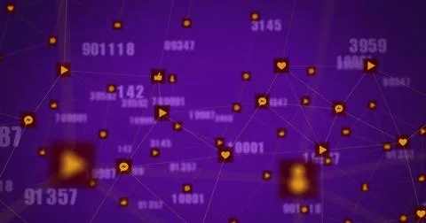 Image of multiple changing numbers and network of digital icons against pur.. Foto stock