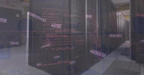 Image of multiple changing numbers and data processing against computer server Foto stock