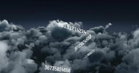 Image of multiple changing numbers floating over dark clouds in the sky Stock Photos