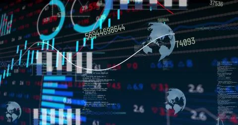Image of multiple changing numbers over stock market data processing against 스톡 일러스트
