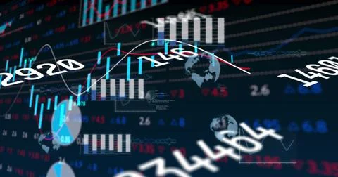 Image of multiple changing numbers over stock market data processing against Stock Illustration
