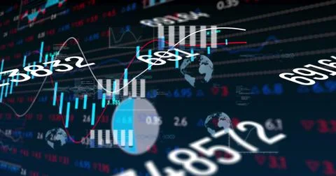 Image of multiple changing numbers over stock market data processing against 스톡 일러스트