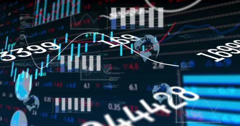 Image of multiple changing numbers over stock market data processing against Stock Illustration