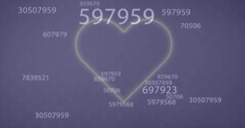 Image of multiple changing numbers over glowing heart icon against purple Illustrazione stock